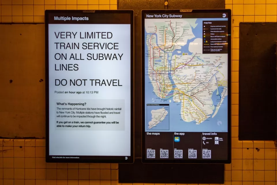 A sign indicates closures on the New York Subway as the result of heavy rainfall from the remnants of Hurricane Ida.